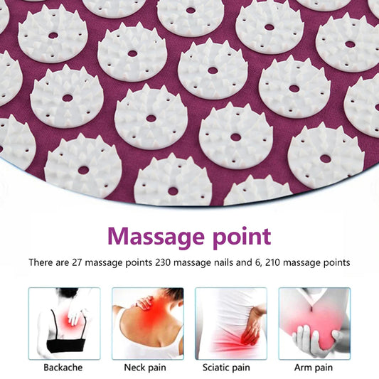 Acupressure yoga mat for stress relief showing massage points and various pain relief benefits.