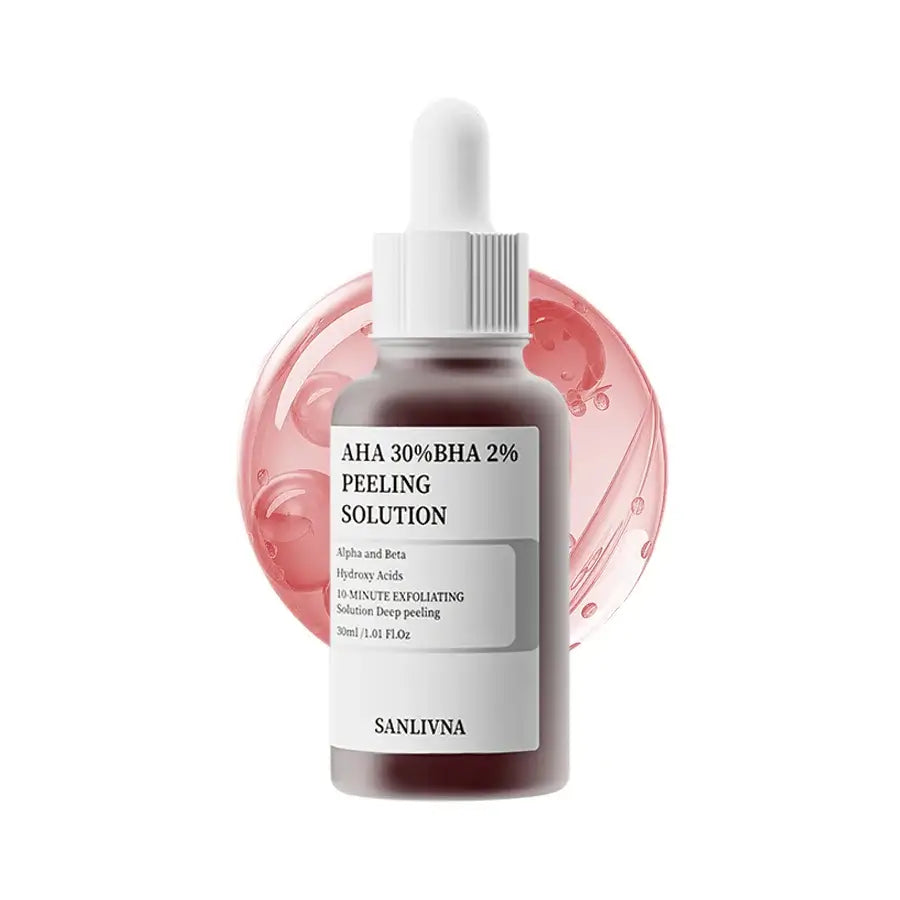 AHA 30% BHA 2% peeling solution by SANLIVNA in a dropper bottle for deep exfoliation. salicylic acid exfoliating serum
