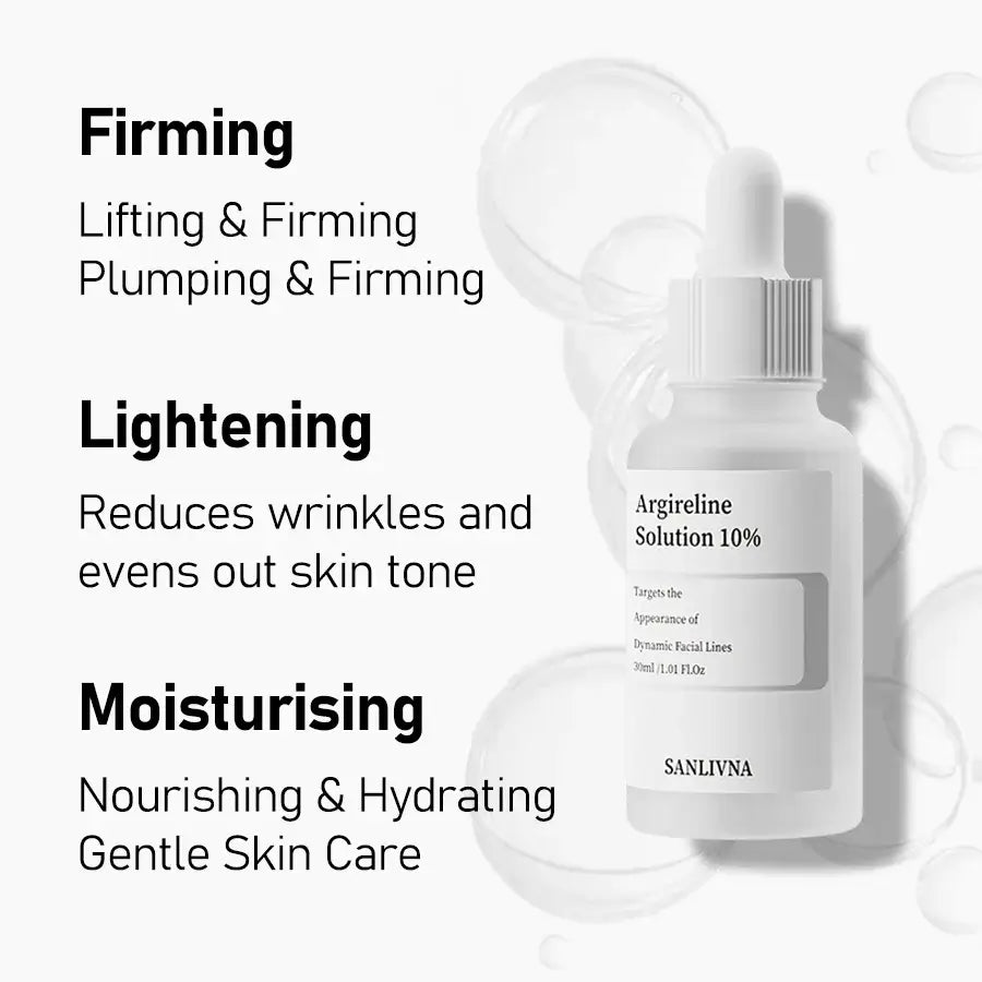 Argireline Solution 10% serum from SANLIVNA highlighting firming, lightening, and moisturizing benefits for skincare. salicylic acid exfoliating serum
