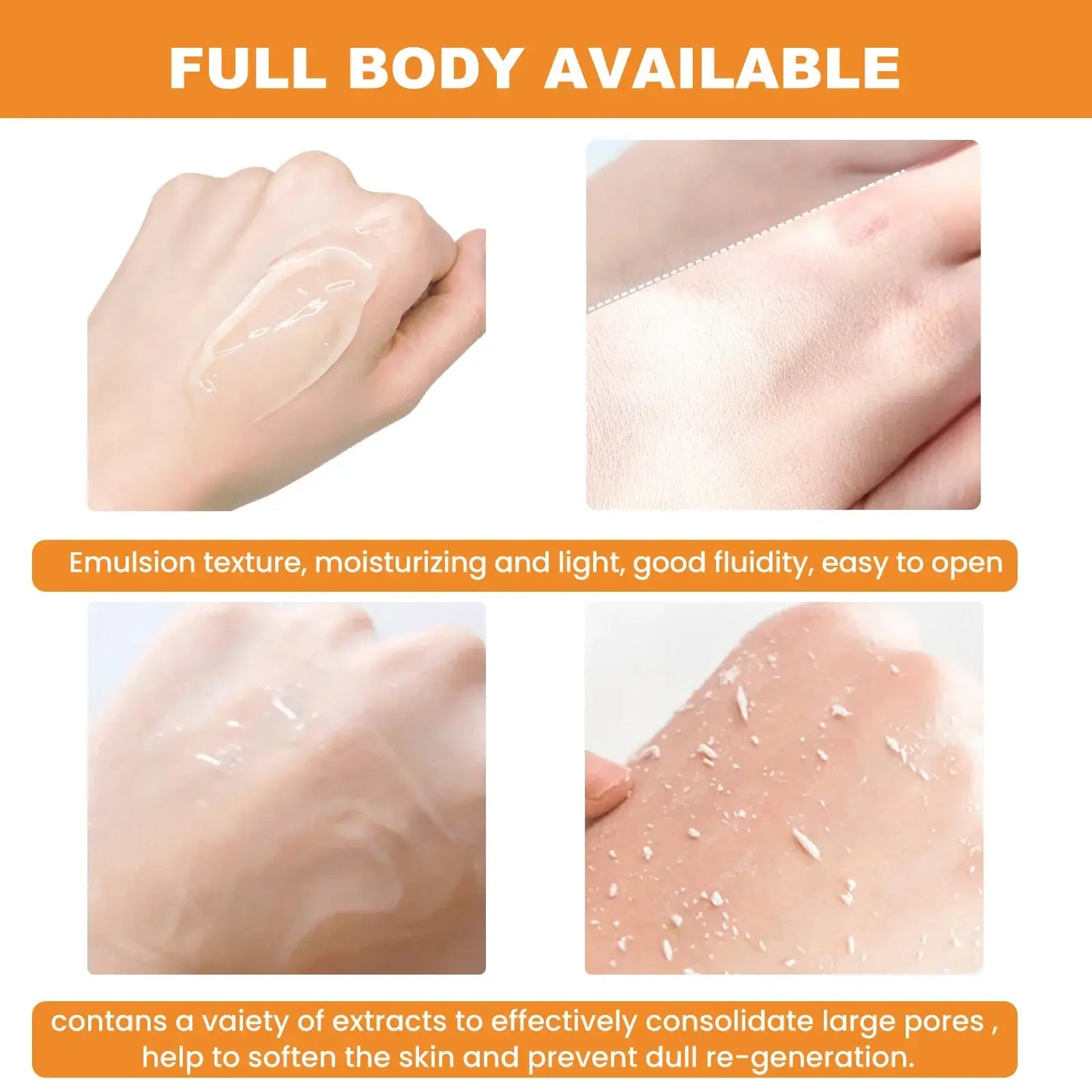 GlowForMe - Orange Exfoliating Gel application showing emulsion texture and moisturizing benefits for radiant skin.
