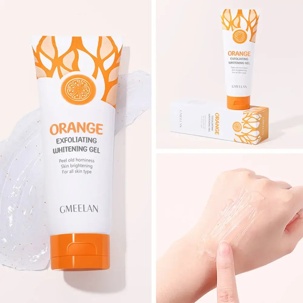 GlowForMe - Orange Exfoliating Gel in a tube, highlighting skincare benefits and application process.