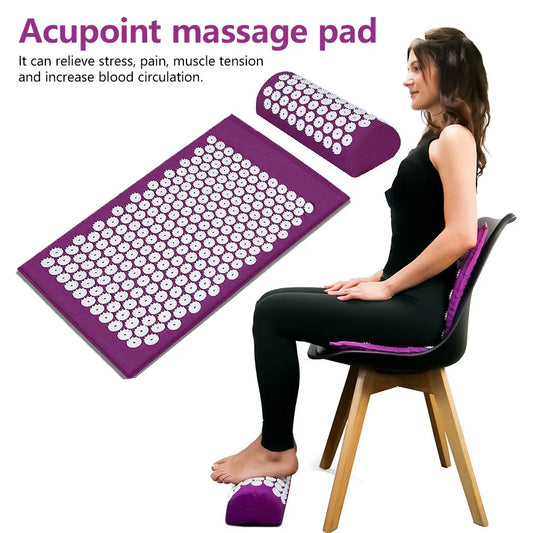 Acupressure yoga mat for stress relief, positioned beside a seated user for effective stress and pain relief.