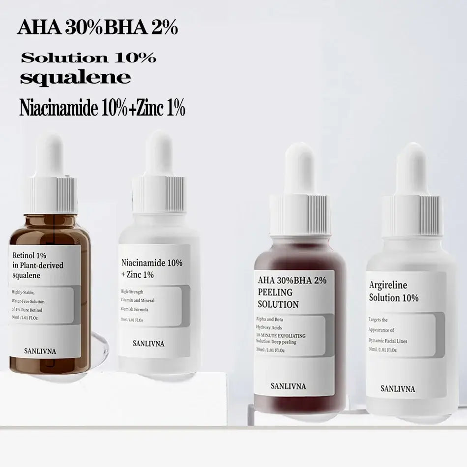 AHA 30% BHA 2% solution and squalene serum line from Sanluyna for skincare routine.salicylic acid exfoliating serum
