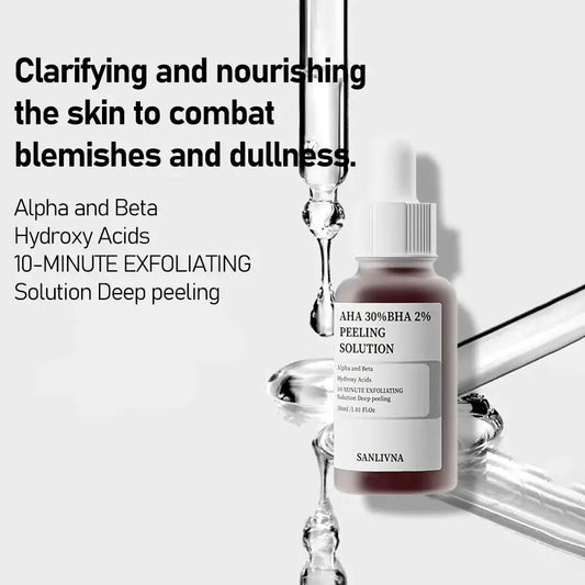 AHA 30%BHA 2% peeling solution by SANLIVA for clarifying and nourishing skin, salicylic acid exfoliating serum targeting blemishes and dullness.