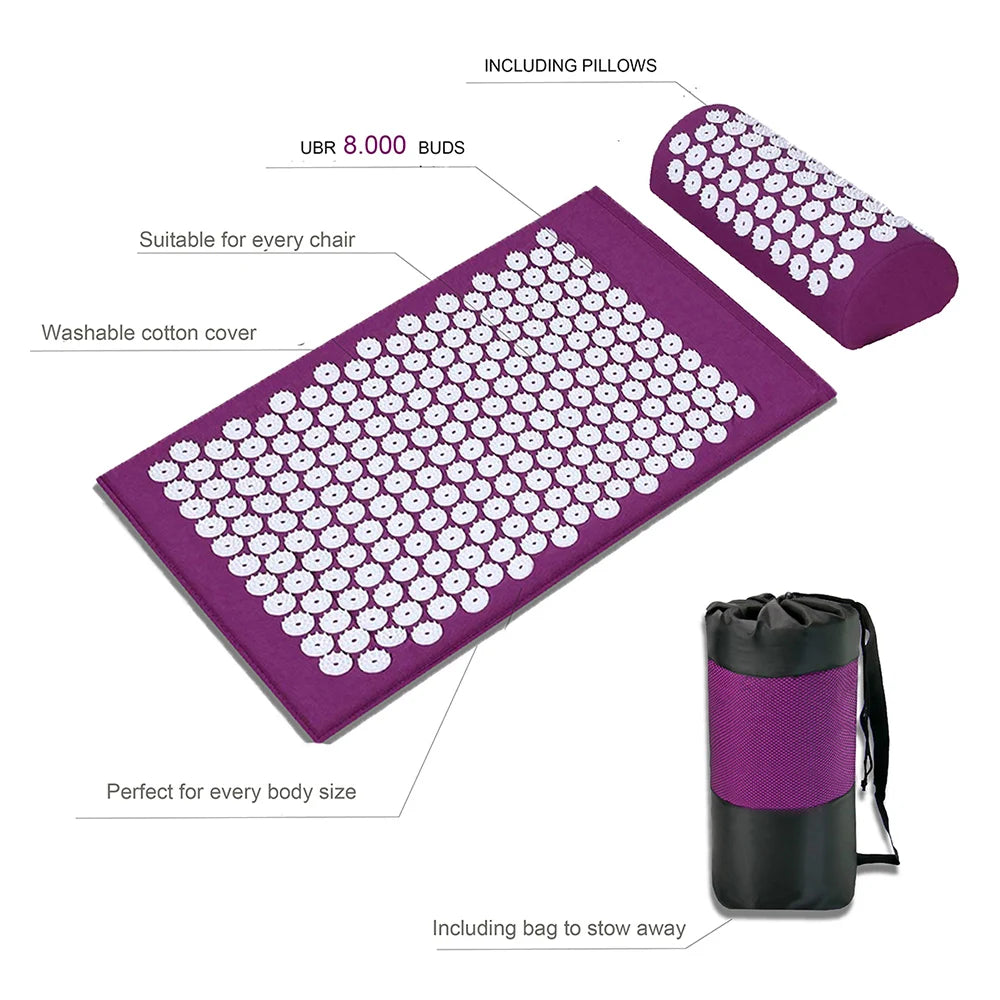 Acupressure yoga mat for stress relief with 8000 buds, suitable for every body size, washable cotton cover, and included pillow.