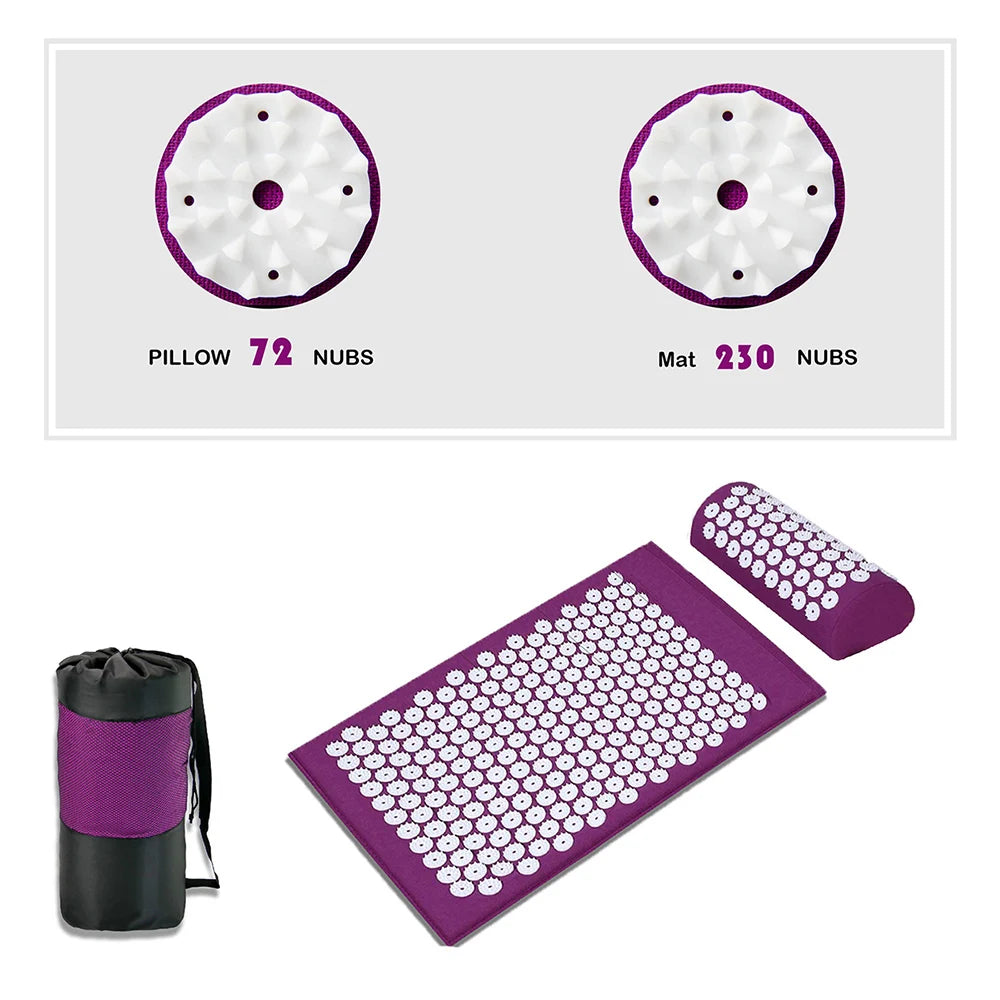 Acupressure yoga mat for stress relief featuring 230 nubs and a pillow with 72 nubs, purple color with carry bag.